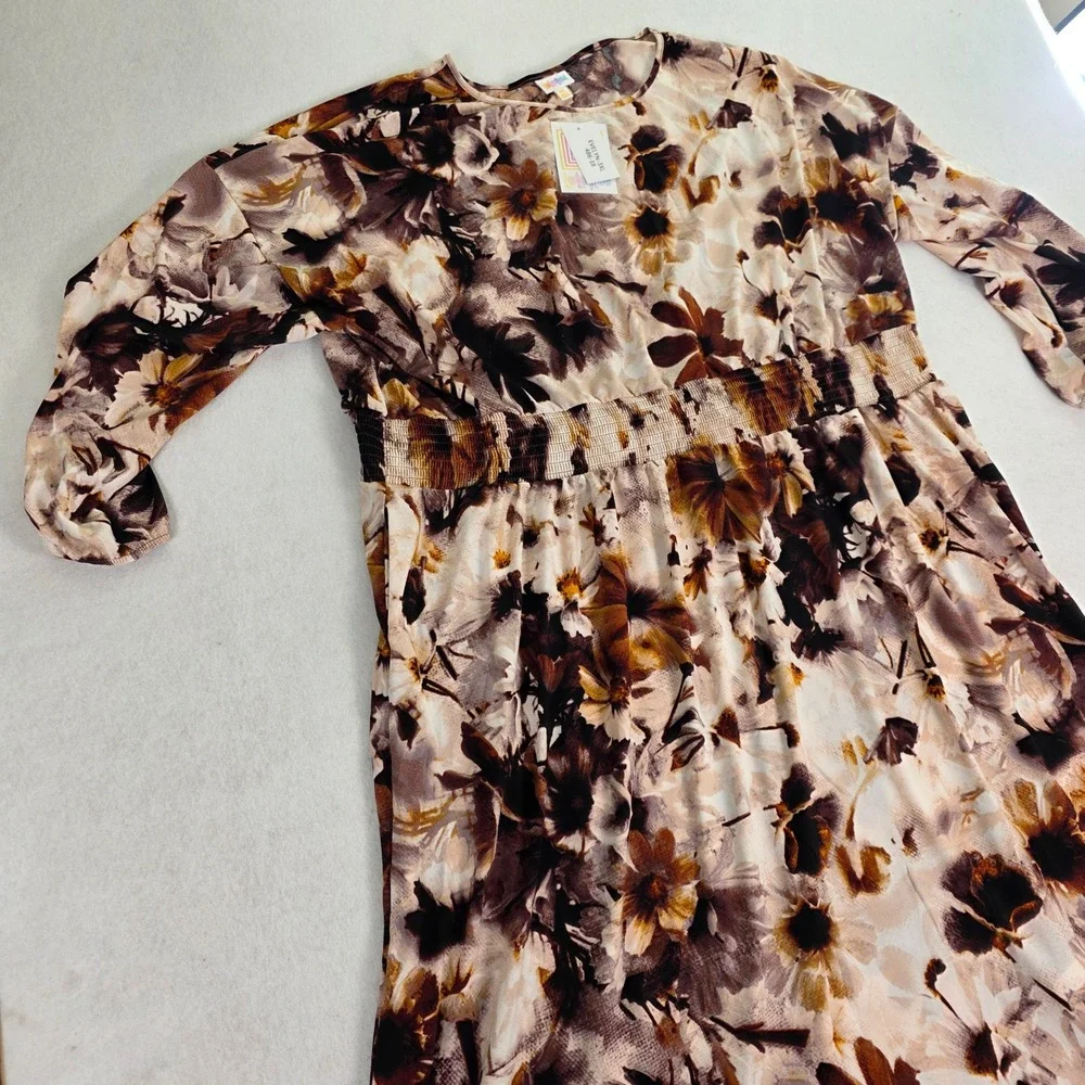 LuLaRoe Women 3XL Evelyn Dress Brown Floral Smocked Waist NWT 486-18 - Picture 1 of 11
